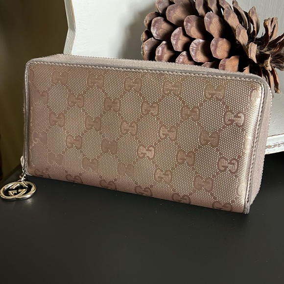 AUTHENTIC GUCCI BRONZE GG IMPRIME Leather Zip Wallet - Picture 5 of 10